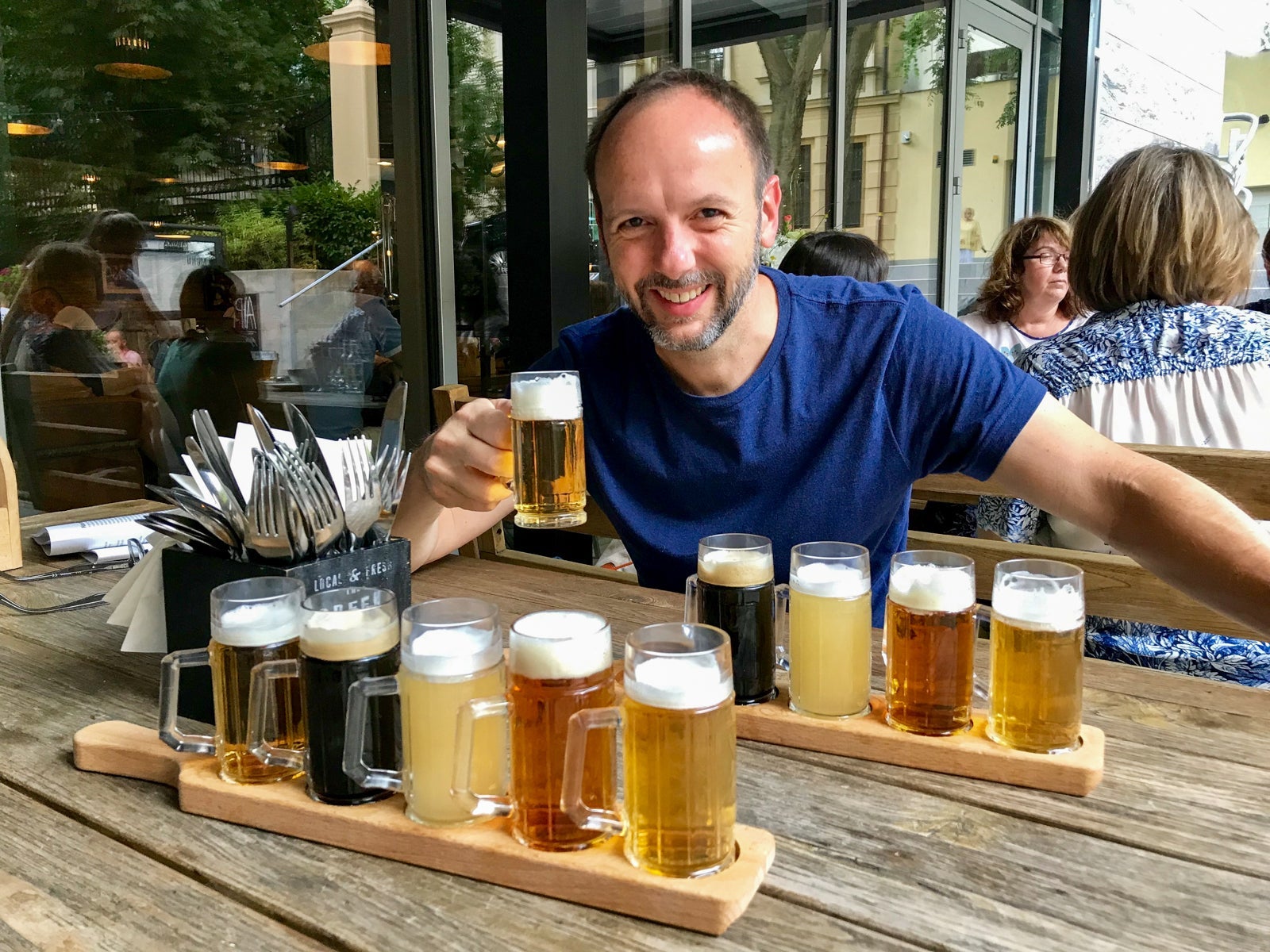 Bratislava brewpub Fabrika offers a flight of five beers for 5 euro. Four of the five beers are made in-house. Photo by Gene Sloan / The Points Guy