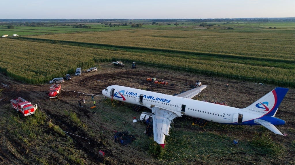 Dismantling Airbus A321 jet at crash landing site near Zhukovsky Airport