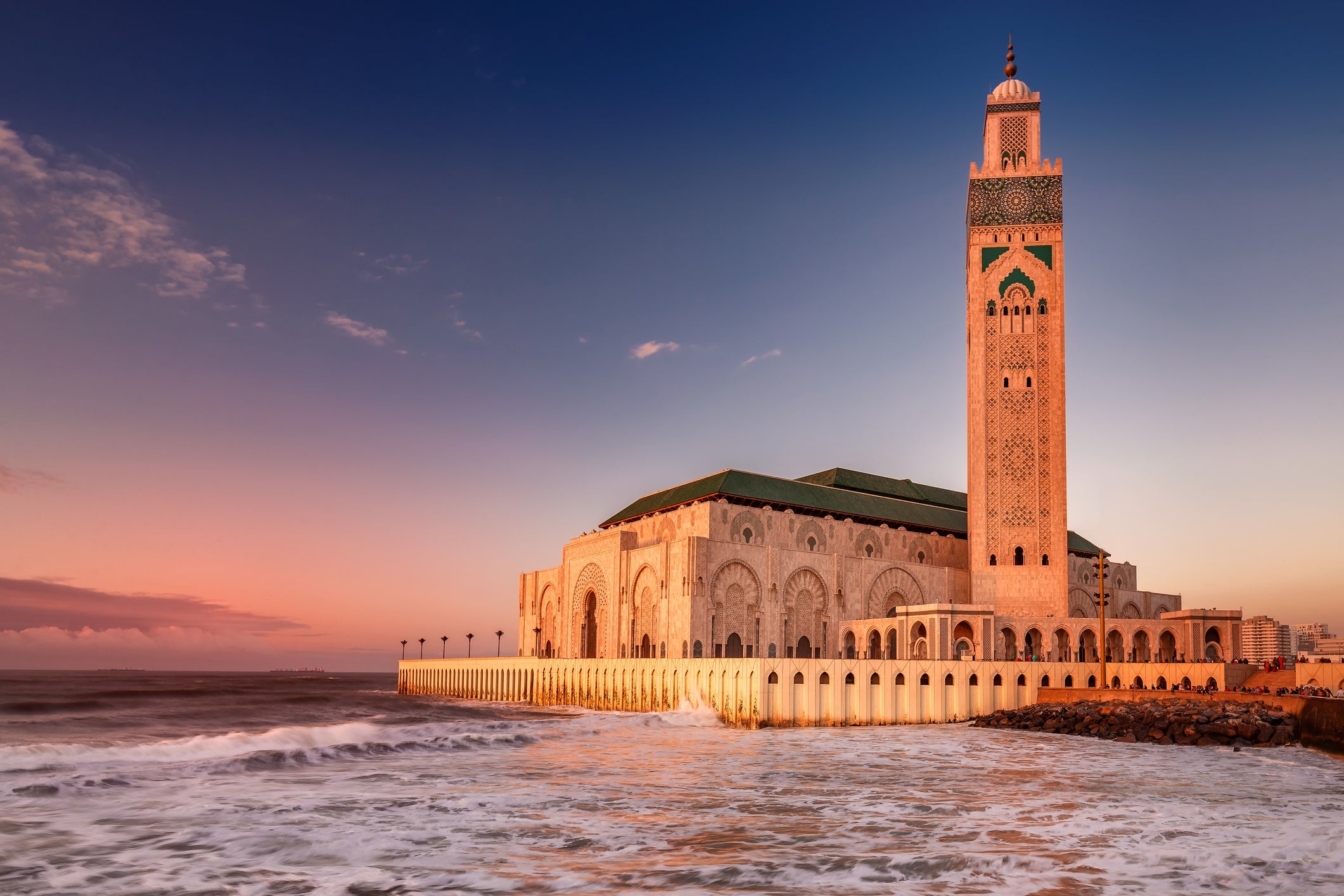 The Hassan II Mosque largest mosque in Morocco. Shot after sunset at blue hour in Casablanca.