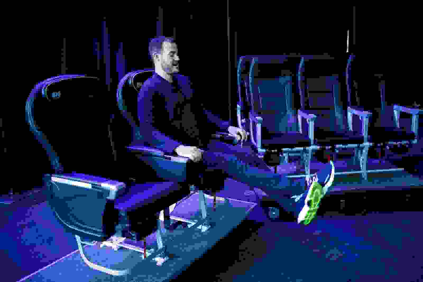 Brian Kelly, aka 'The Points Guy,' tries out a demo of Spirit Airlines' updated 'Big Front Seats' as the carrier unveiled them in Los Angeles on Sept. 9, 2019. (Photo by Patrick Fallon/The Points Guy)