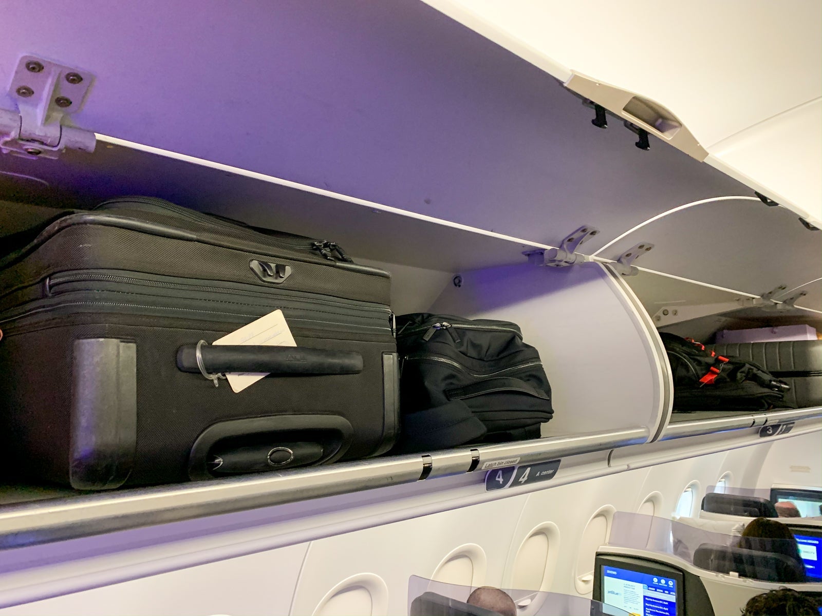 suitcases in overhead bins