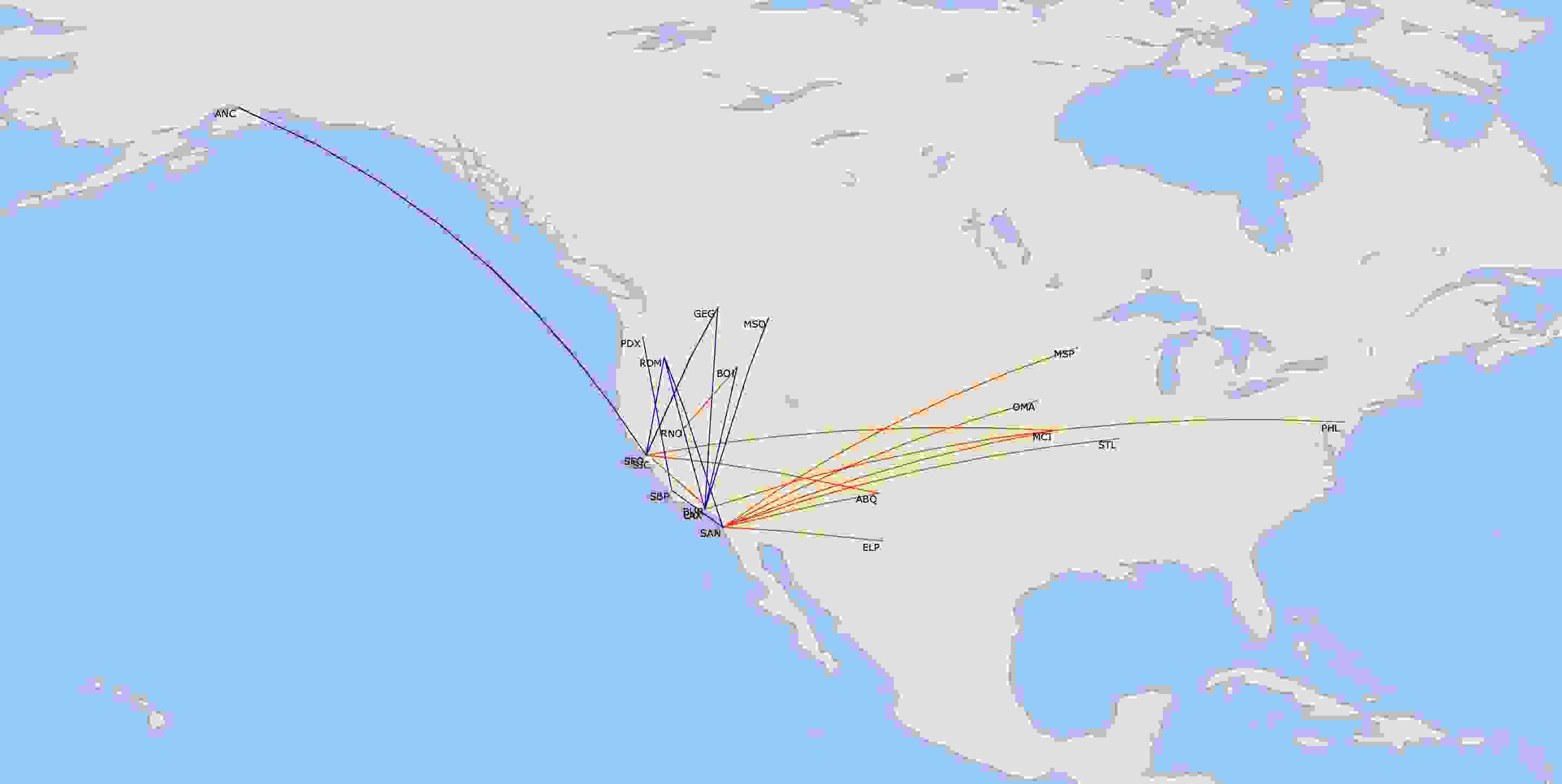 Alaska Airlines will add 10 new routes (blue) and drop 11 routes (red) in a shift back to the Western US. (Map by Diio by Cirium)
