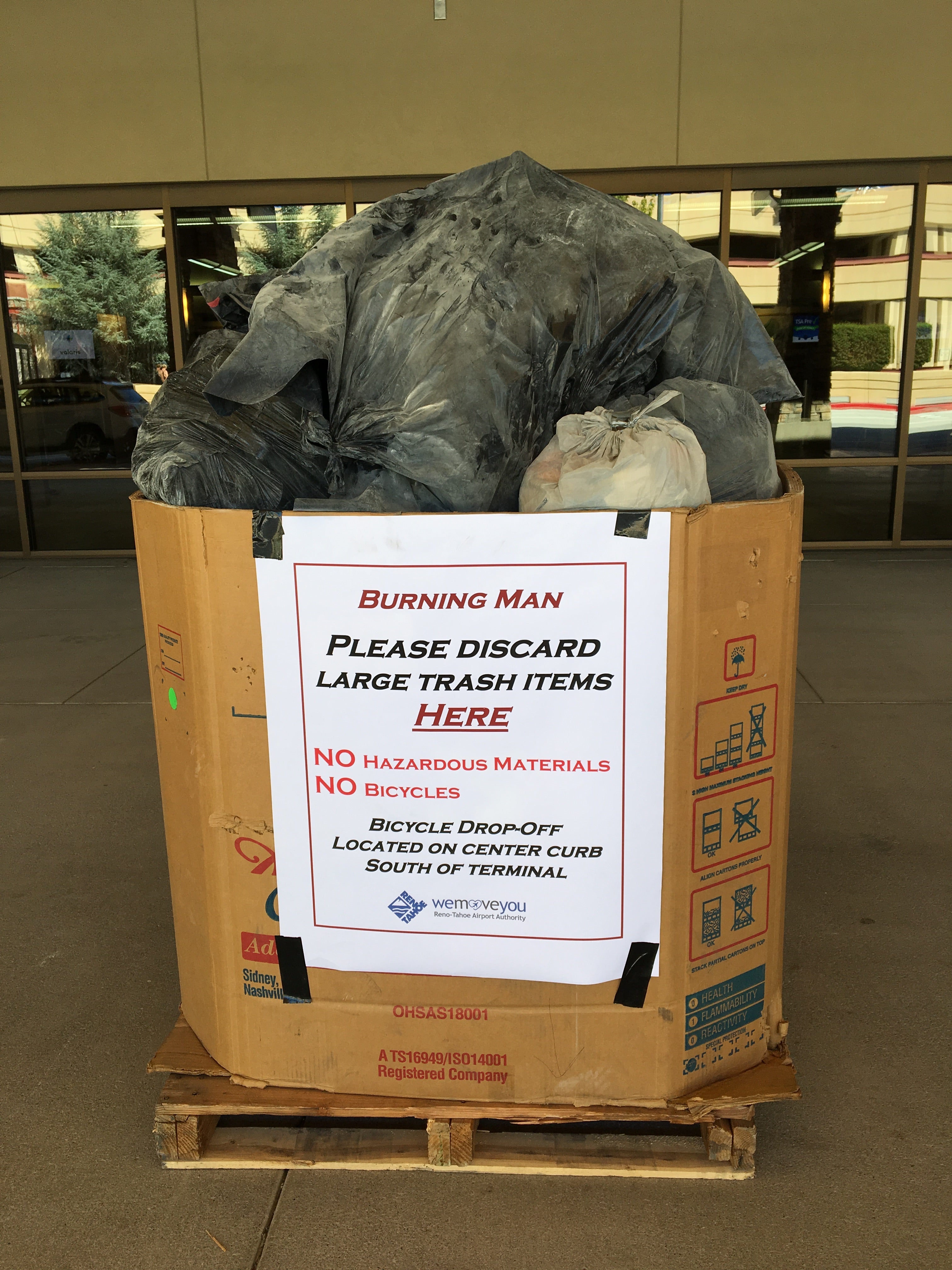 Reno's airport has trash-disposal boxes for Burning Man attendees returning to civilization from the 'playa.' (Photo from Reno-Tahoe International Airport)