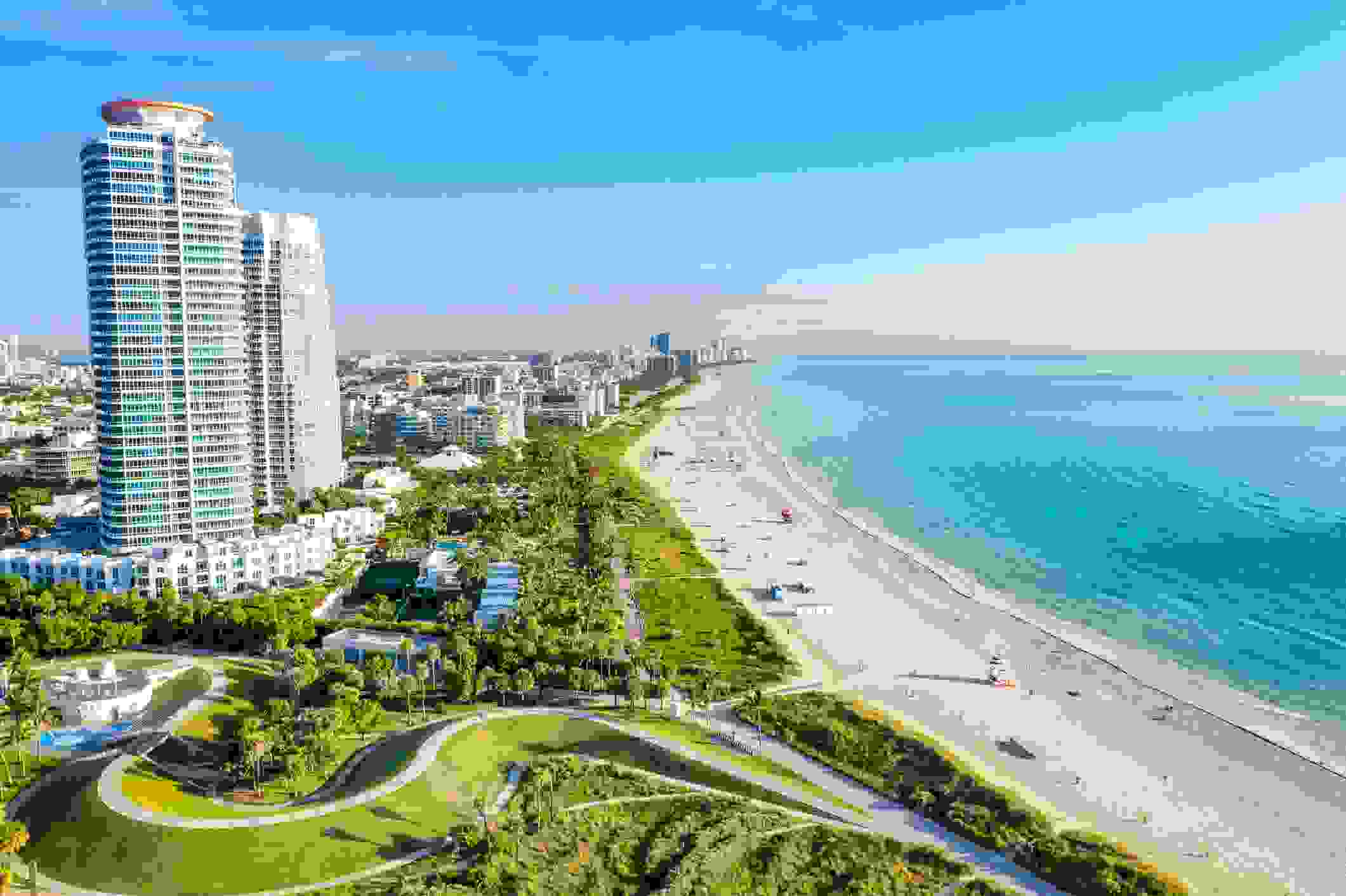 Panoramic high view of South Beach at Miami South Pointe Park with high skyscrapers and a blue sunny summer sky, Florida, USA. Brickell district skyscrapers close to downtown Miami in the southern spot of South Beach. (Photo by Pola Damonte/Getty Images)