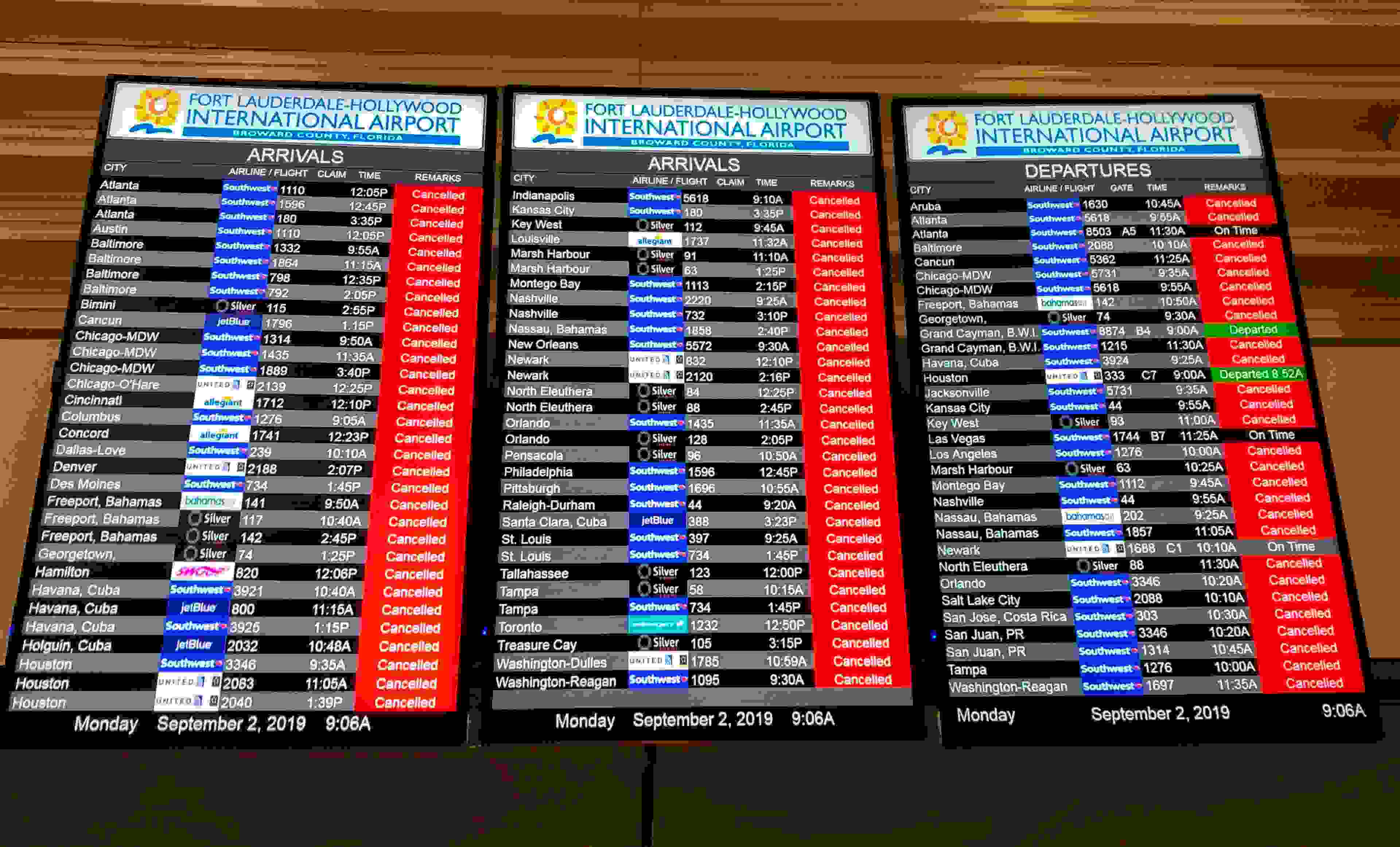 The information board displays all the cancelled flights at the Fort Lauderdale International airport ahead of the arrival of hurricane Dorian at ForT Lauderdale, Florida on September 2, 2019. - Hurricane Dorian battered the Bahamas with ferocious wind and rain, the monstrous Category 5 storm wrecking towns and homes as it churned on an uncertain path toward the US coast where hundreds of thousands were ordered to evacuate. (Photo by Michele Eve SANDBERG / AFP) (Photo credit should read MICHELE EVE SANDBERG/AFP/Getty Images)