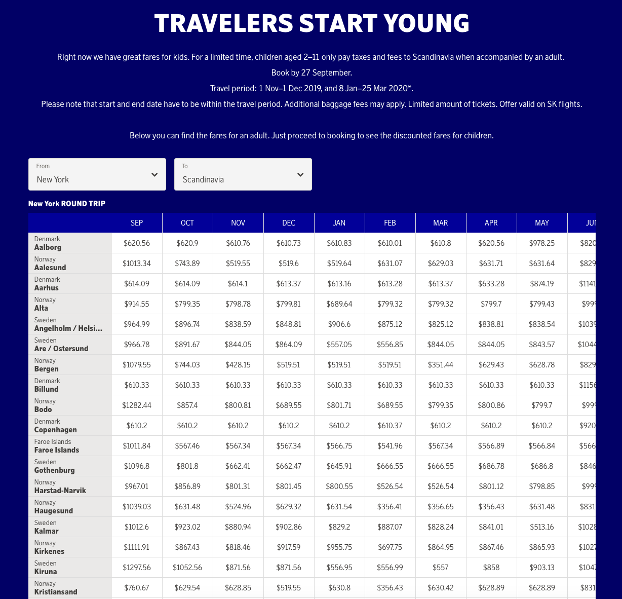 SAS low fare calendar
