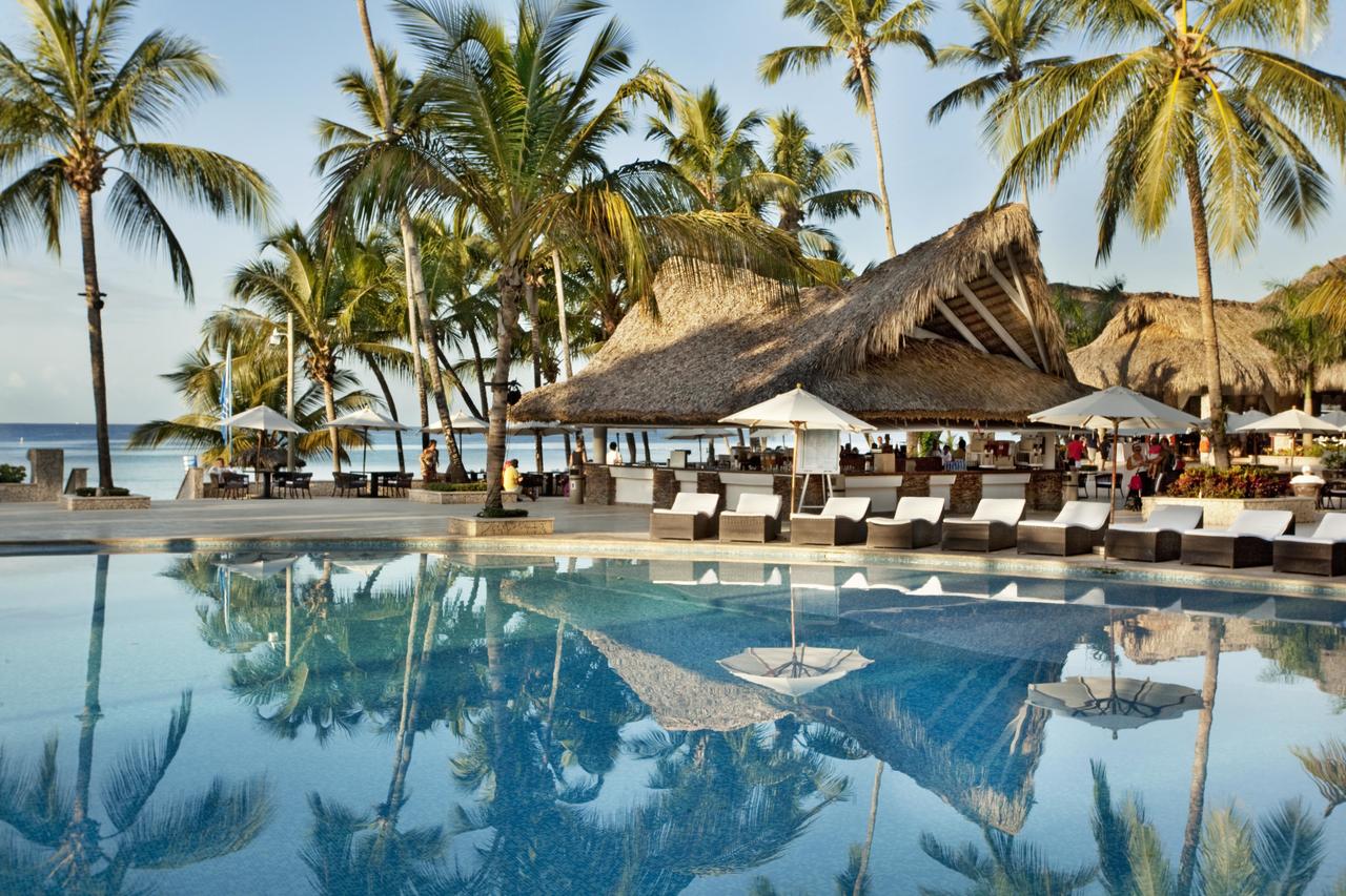 a tranquil hotel pool is surrounded by grass huts, lounge chairs, palm trees and an ocean beyond