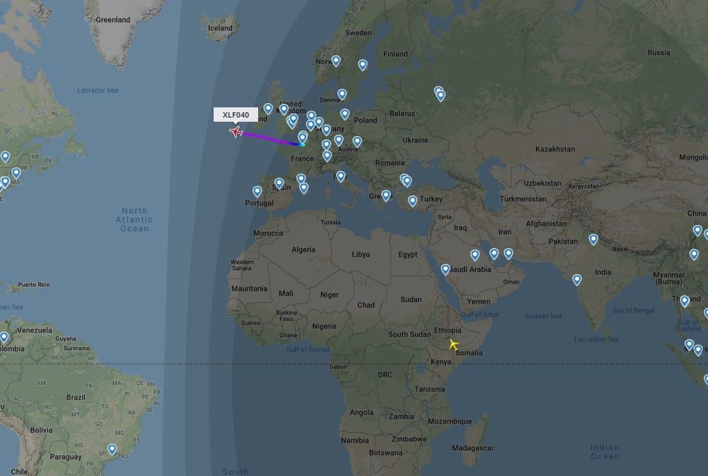 This screenshot from FlightRadar24.com showed two XL Airways flights in the air on the afternoon of Sept. 19, 2020. (Image courtesy of FlightRadar24.com)