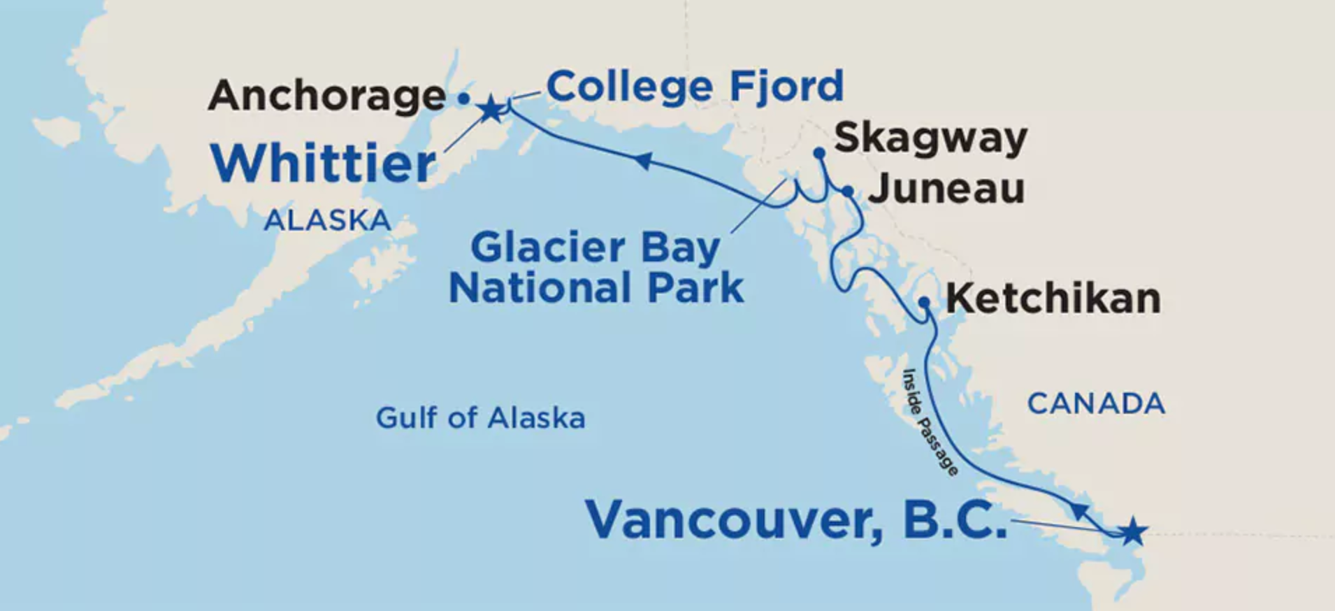 Itinerary map showing cruise ship route from Vancouver to Whittier, Alaska