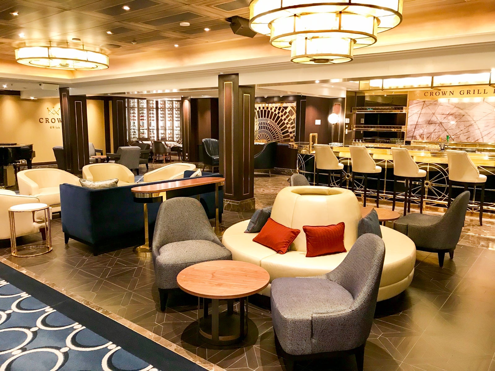 A lounge at the Crown Grill steakhouse on Sky Princess.