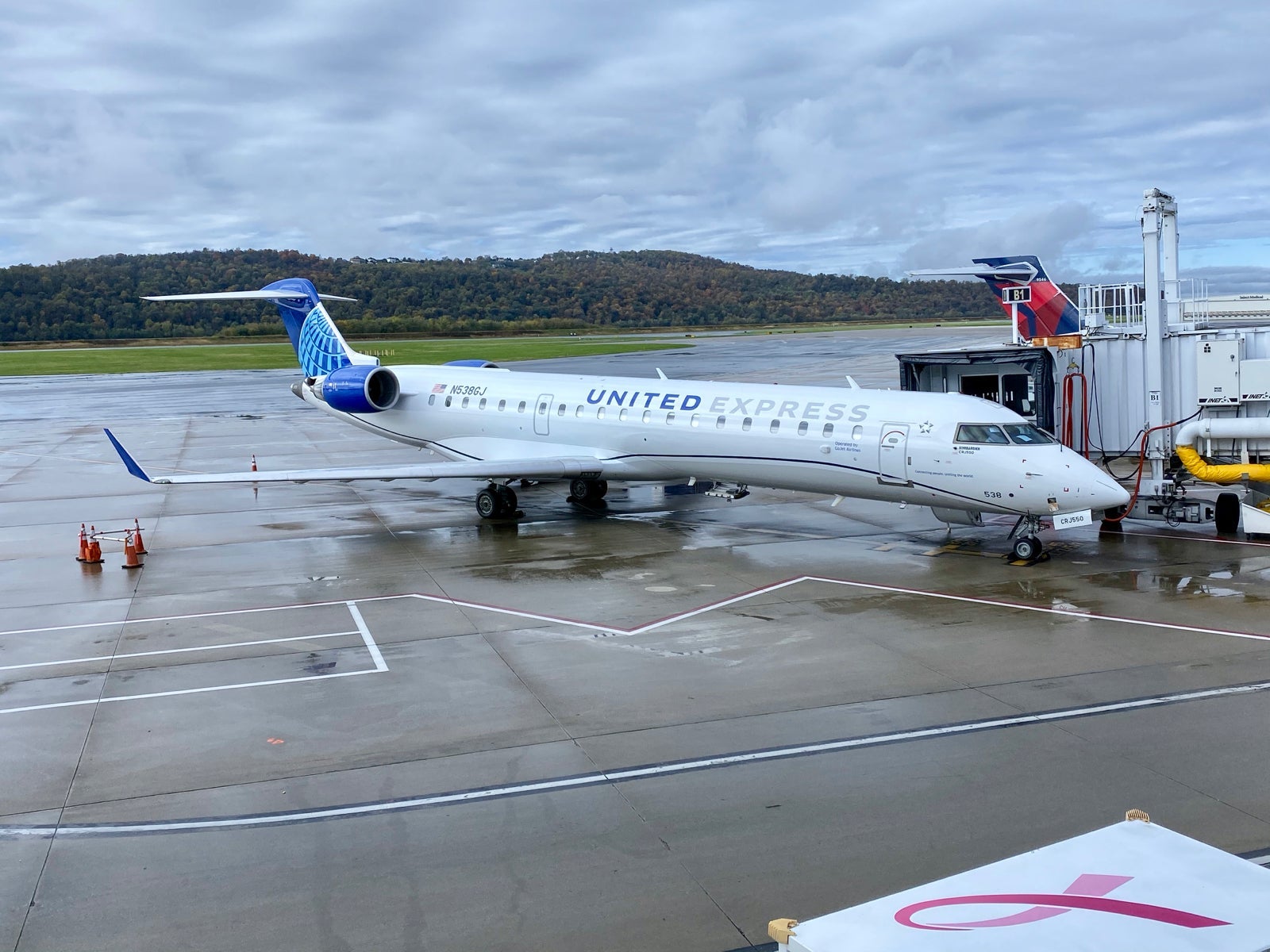 A United Express Bombardier CRJ 550 is seen in Harrisburg, Pennsylvania, after its first flight for the airline. (Photo by Zach Griff/TPG)