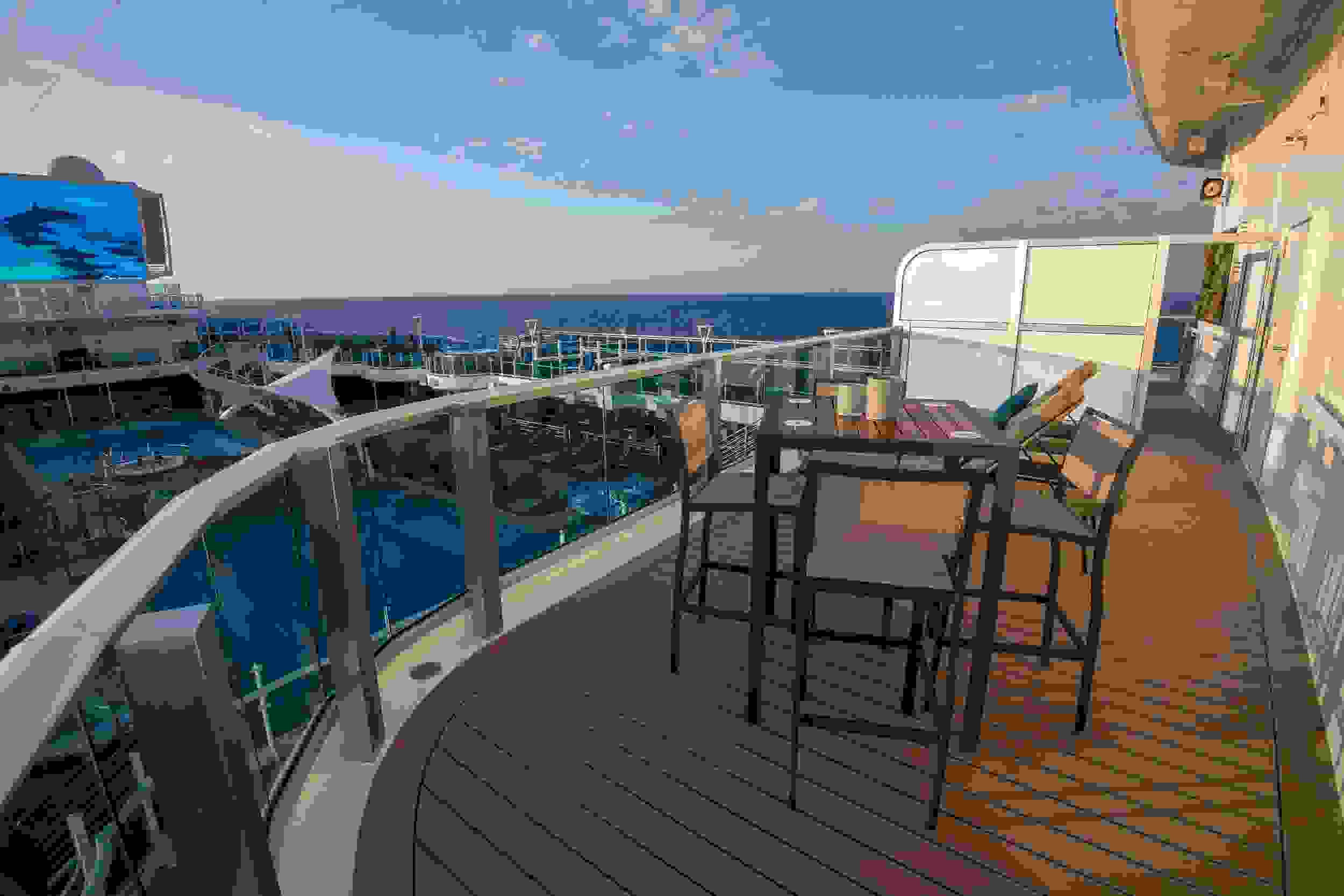 Sky Suites feature a giant wraparound balcony that overlooks the main pool area of Sky Princess.(Photo by Gene Sloan / The Points Guy.)