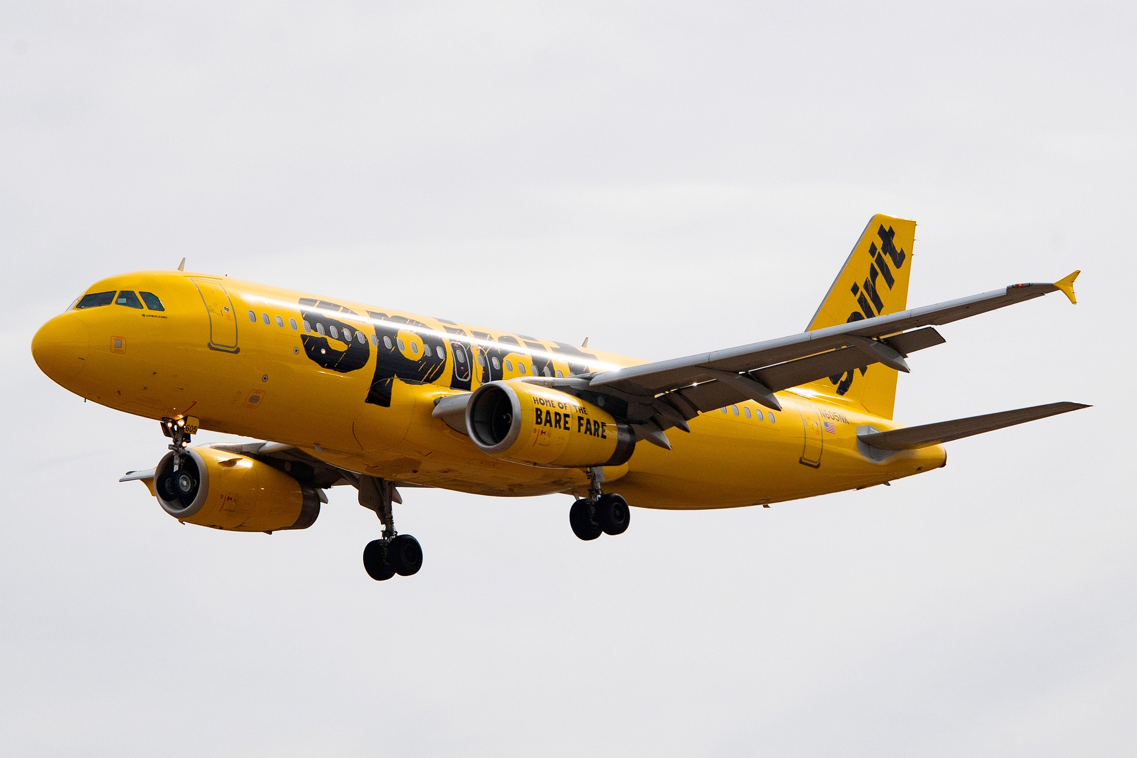 A Spirit Airlines Airbus 320 nears Baltimore/Washington International Airport on March 11, 2019. (Photo credit should read Jim Watson/AFP/Getty Images)