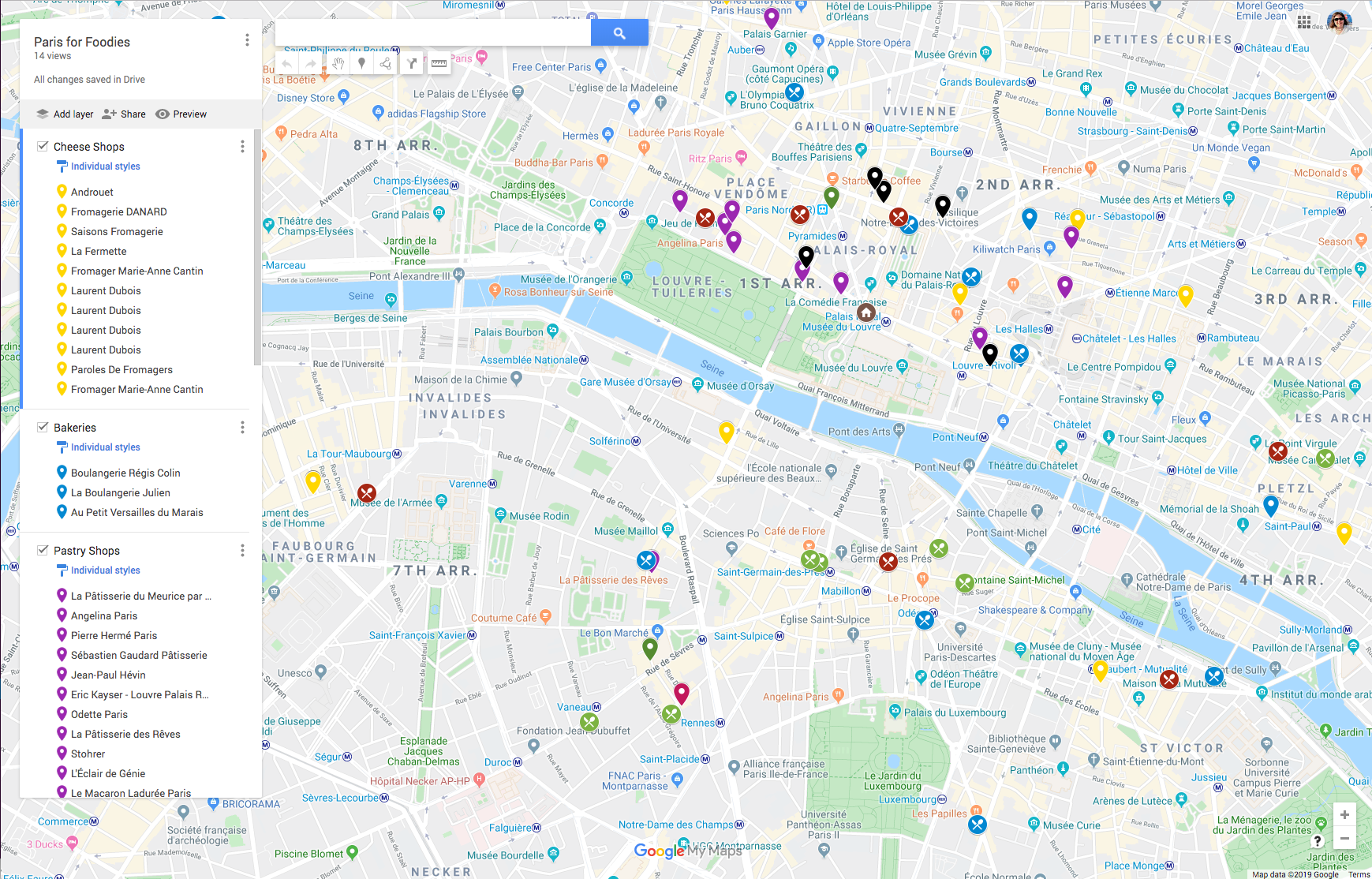 Create a Google map that pinpoints all the places you may want to visit during your trip.