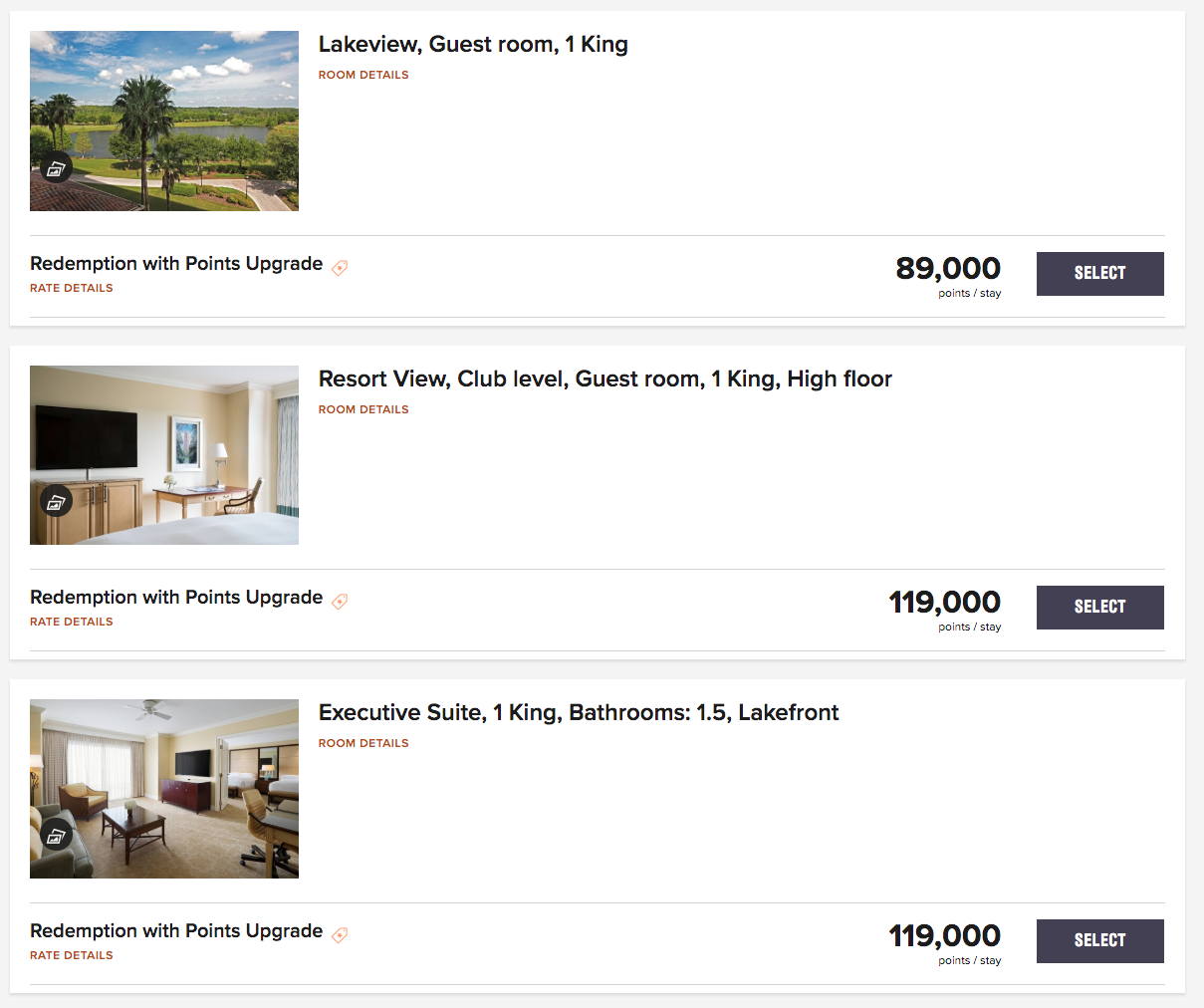 Here's an example of upgraded rooms available at the Category 6 Ritz-Carlton Orlando, Grand Lakes. Resort View rooms go for 50k points per night or you can spend more points on these other options.