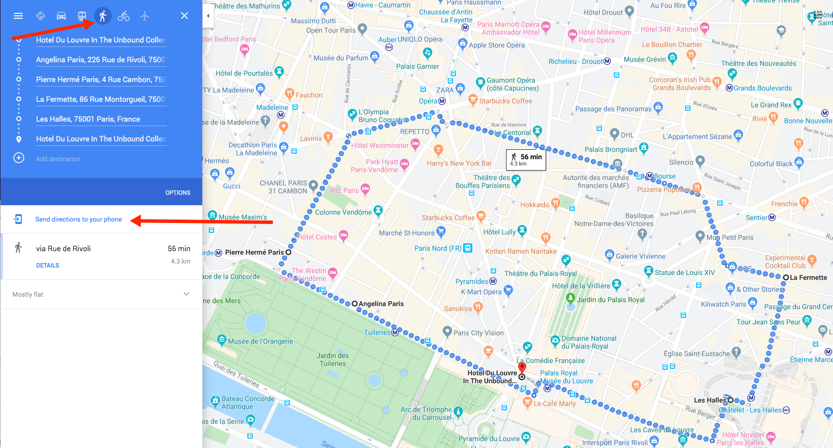 Creating walking or driving directions to use throughout your trip and send the directions to your phone via text or email.