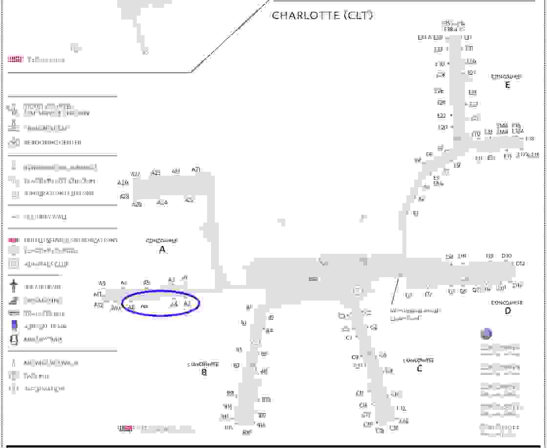 American Airlines' diagram of its Charlotte Douglas International Airport hub with its four new gates circled in blue. (Image by American Airlines)