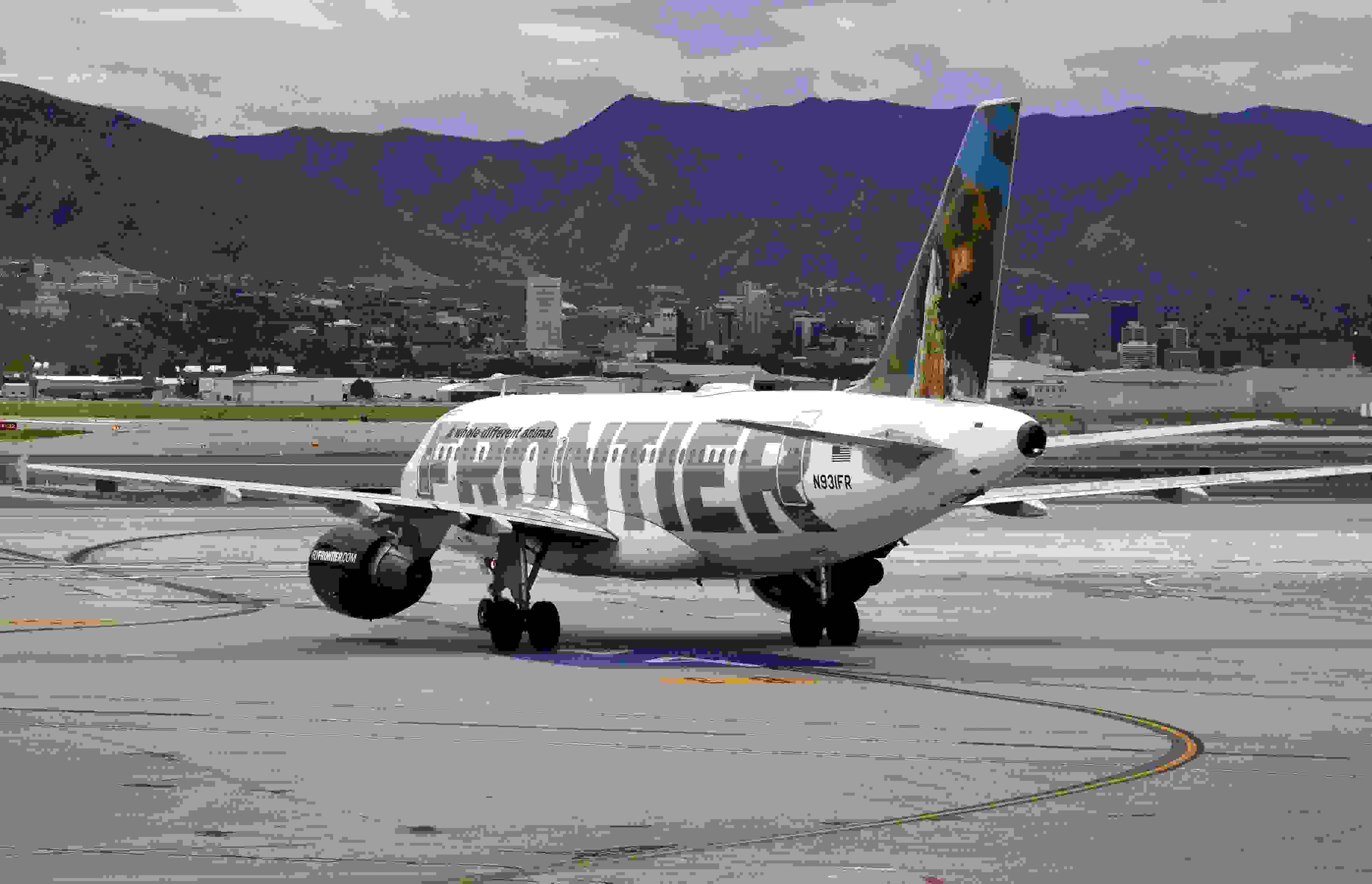 SALT LAKE CITY, UT - SEPTEMBER 28, 2014: A Frontier Airlines Airbus A319 taxis toward the runway at Salt Lake City International Airport in Utah. (Photo by Robert Alexander/Getty Images)