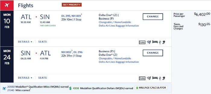 Delta itinerary with ANA-operated flights. No miles earned for the ANA flights.