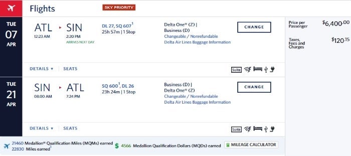 Delta itinerary with Singapore-operated flights. No miles earned for the Singapore flights.