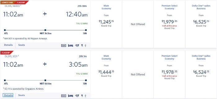 Delta flight search results showing connections to Singapore on Singapore Airlines and ANA.