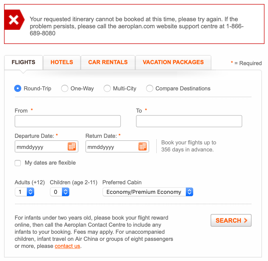 Aeroplan Error Screenshot