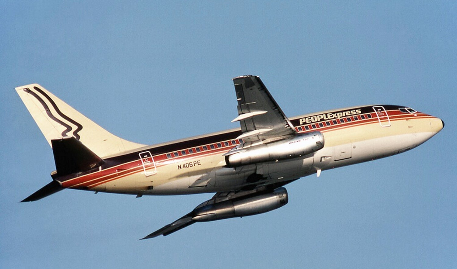 One of PEOPLExpress' coffee-colored 737-100s.