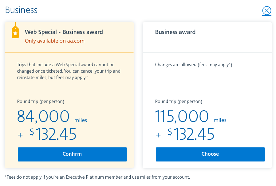 Round-trip business class flights from 84K on American Airlines.