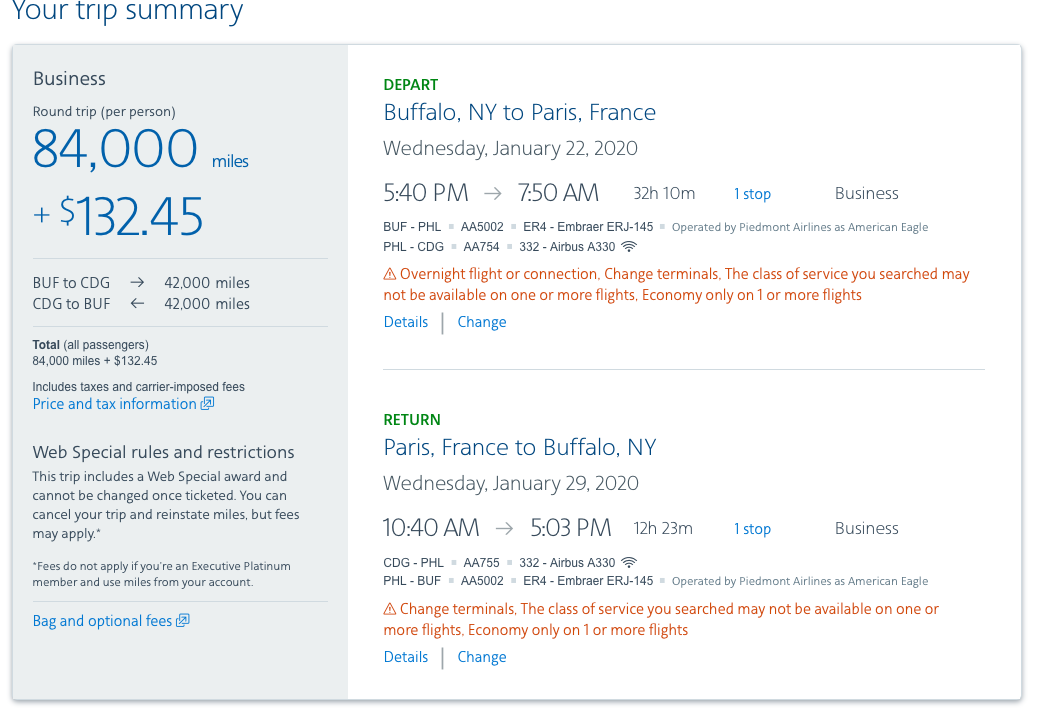 Round-trip in business class on AA for 84K miles.