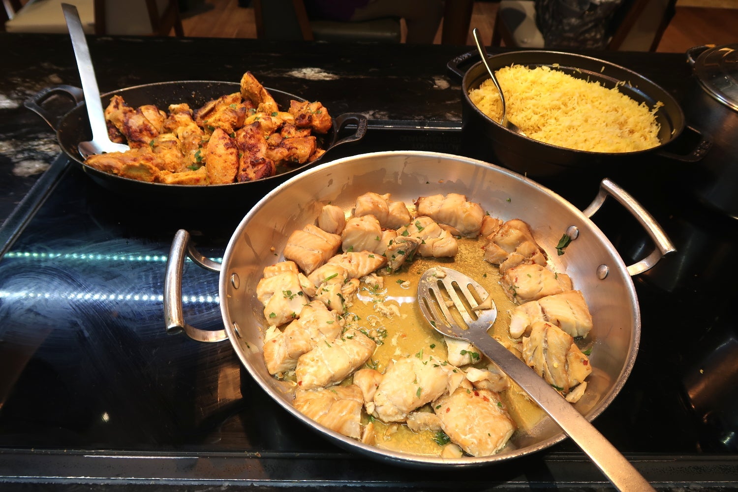hot food items on a buffet