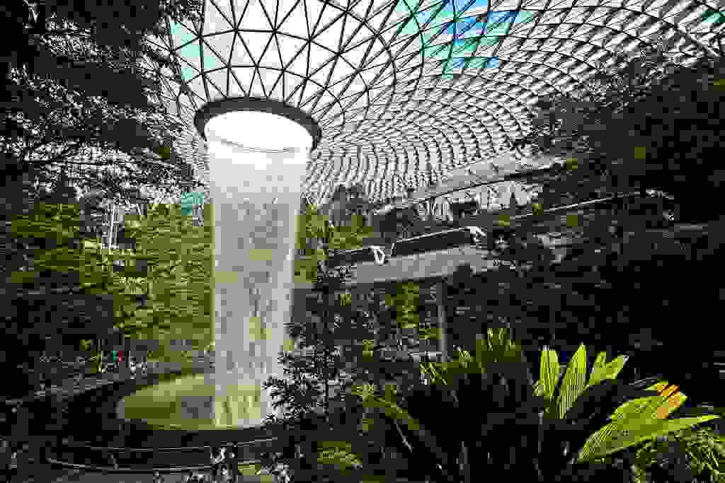 The indoor waterfall at the Jewel Changi Airport. (Photo by Suhaimi Abdullah/Getty)