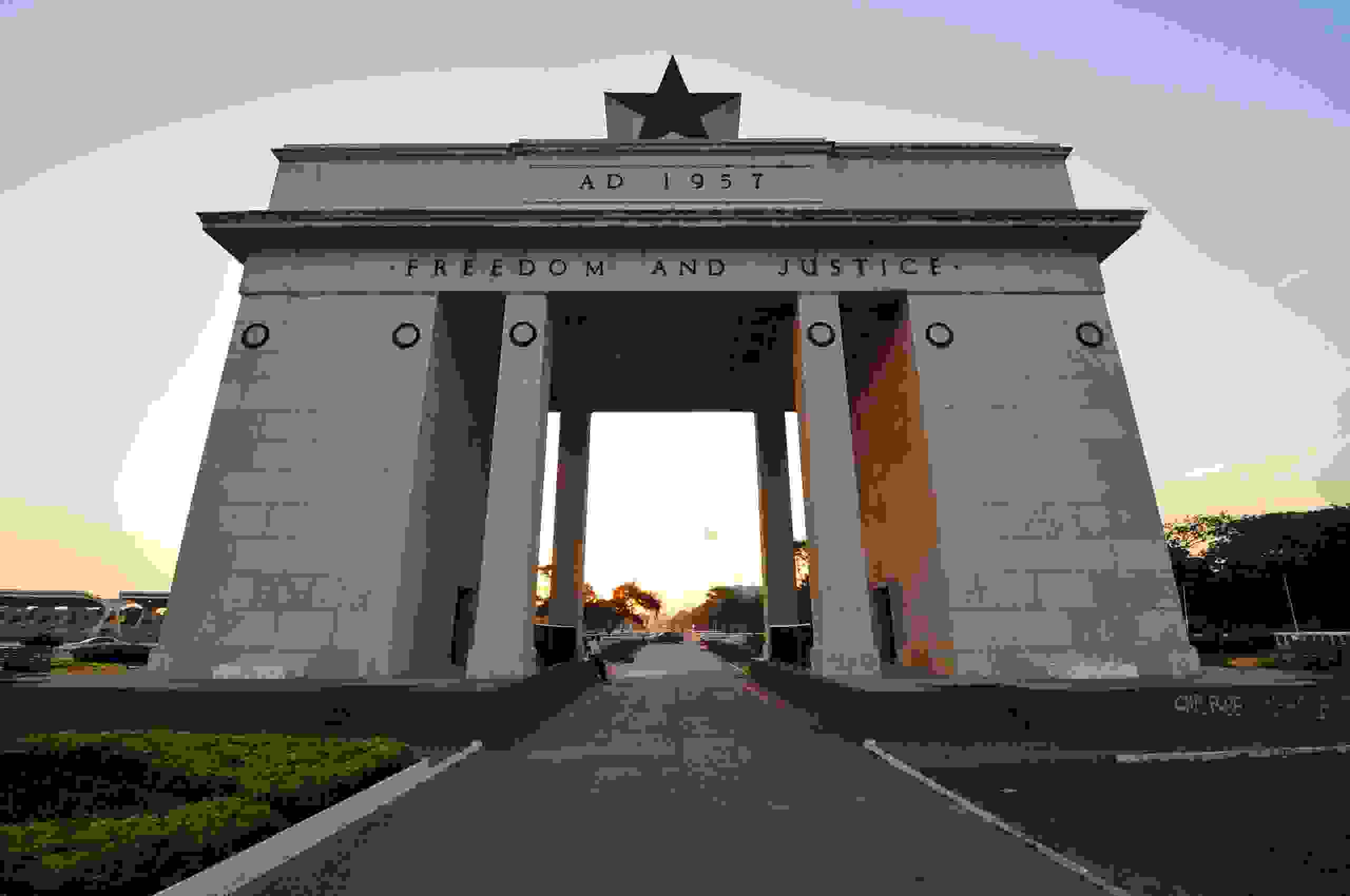 The Independence Square of Accra, Ghana, inscribed with the words "Freedom and Justice, AD 1957", commemorates the independence of Ghana, a first for Sub Saharan Africa. It contains monuments to Ghana's independence struggle, including the Independence Arch, Black Star Square, and the Liberation Day Monument.