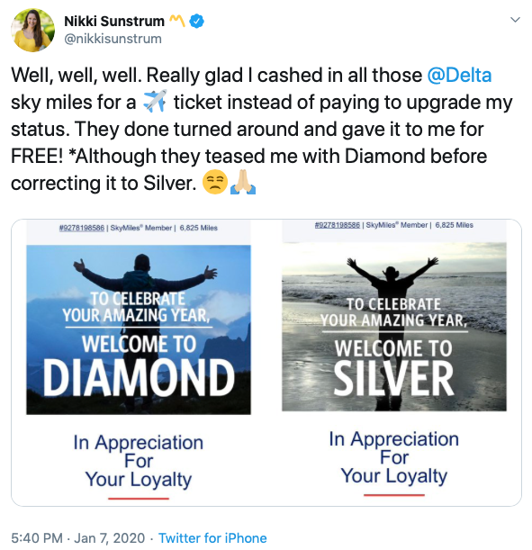Nikki Sunstrom tweets about being "accidentally " given Delta Diamond status. Image courtesy Twitter.
