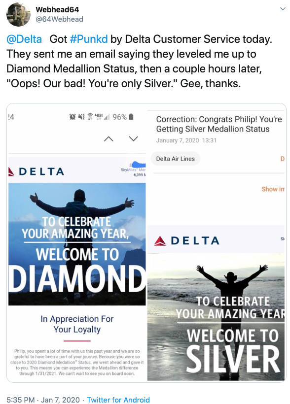 Twitter user @64Webhead tweeted about losing gifted Delta Diamond status. Image courtesy Twitter.