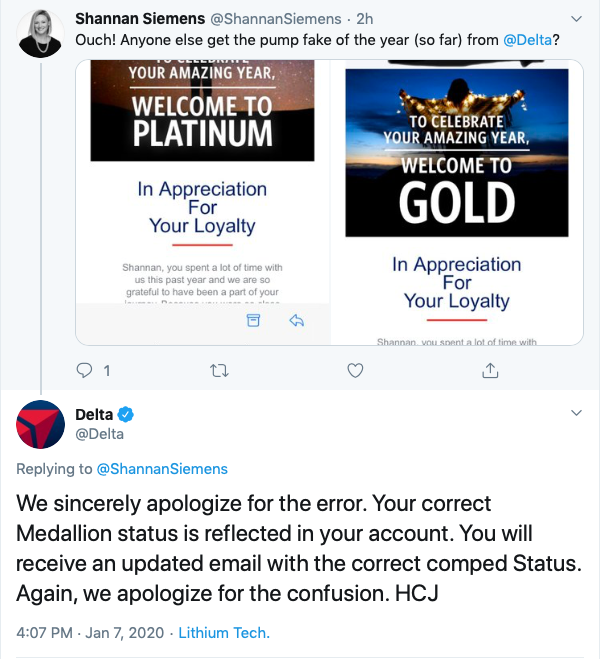 Delta's apology to Twitter user @ShannanSiemens" who was accidentally gifted Delta Diamond status. Image courtesy Twitter.