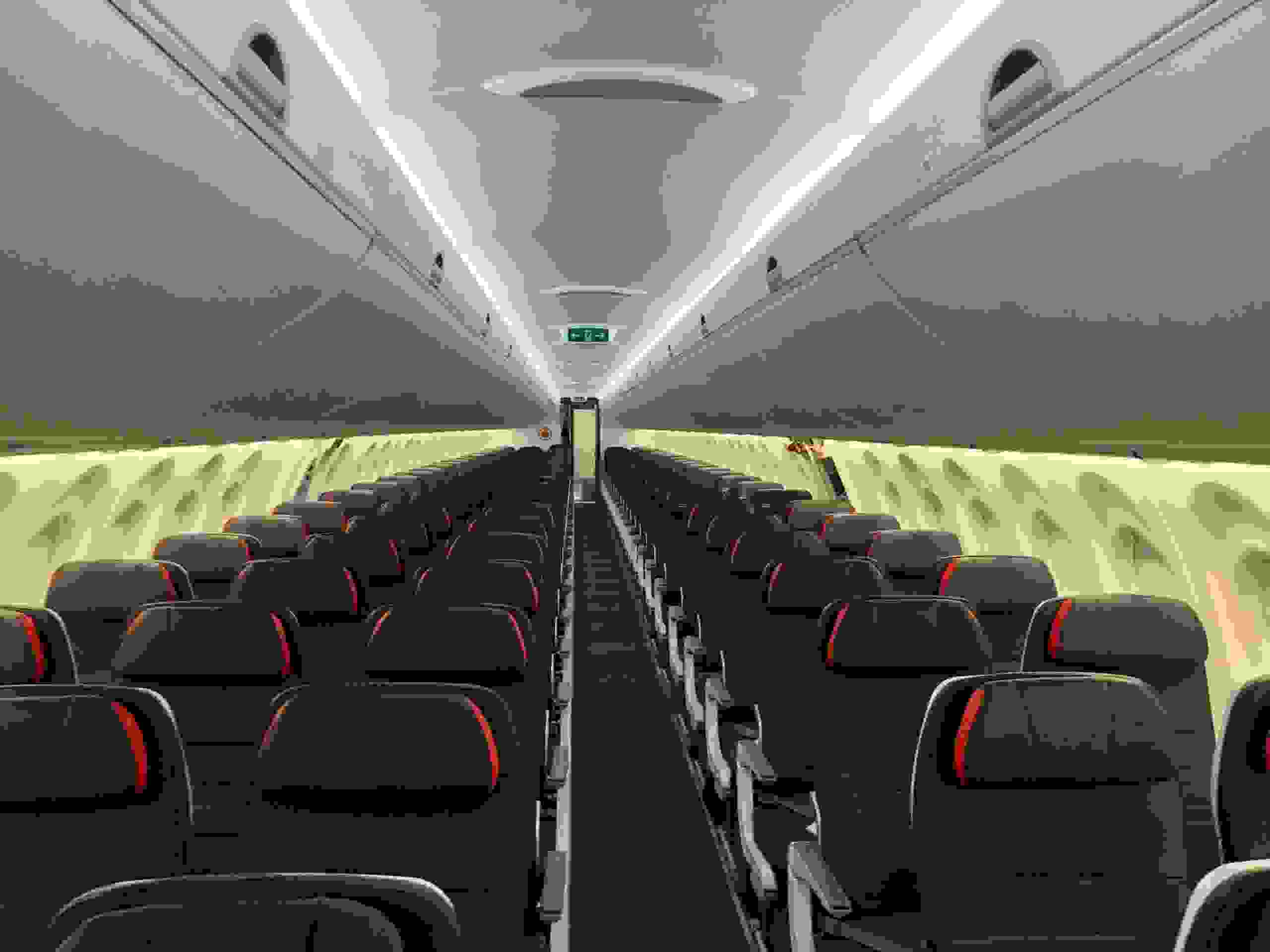 The economy cabin on Air Canada's A220. (Photo by Edward Russell/TPG)