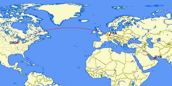Chicago to Frankfurt to Dubai Flight Map