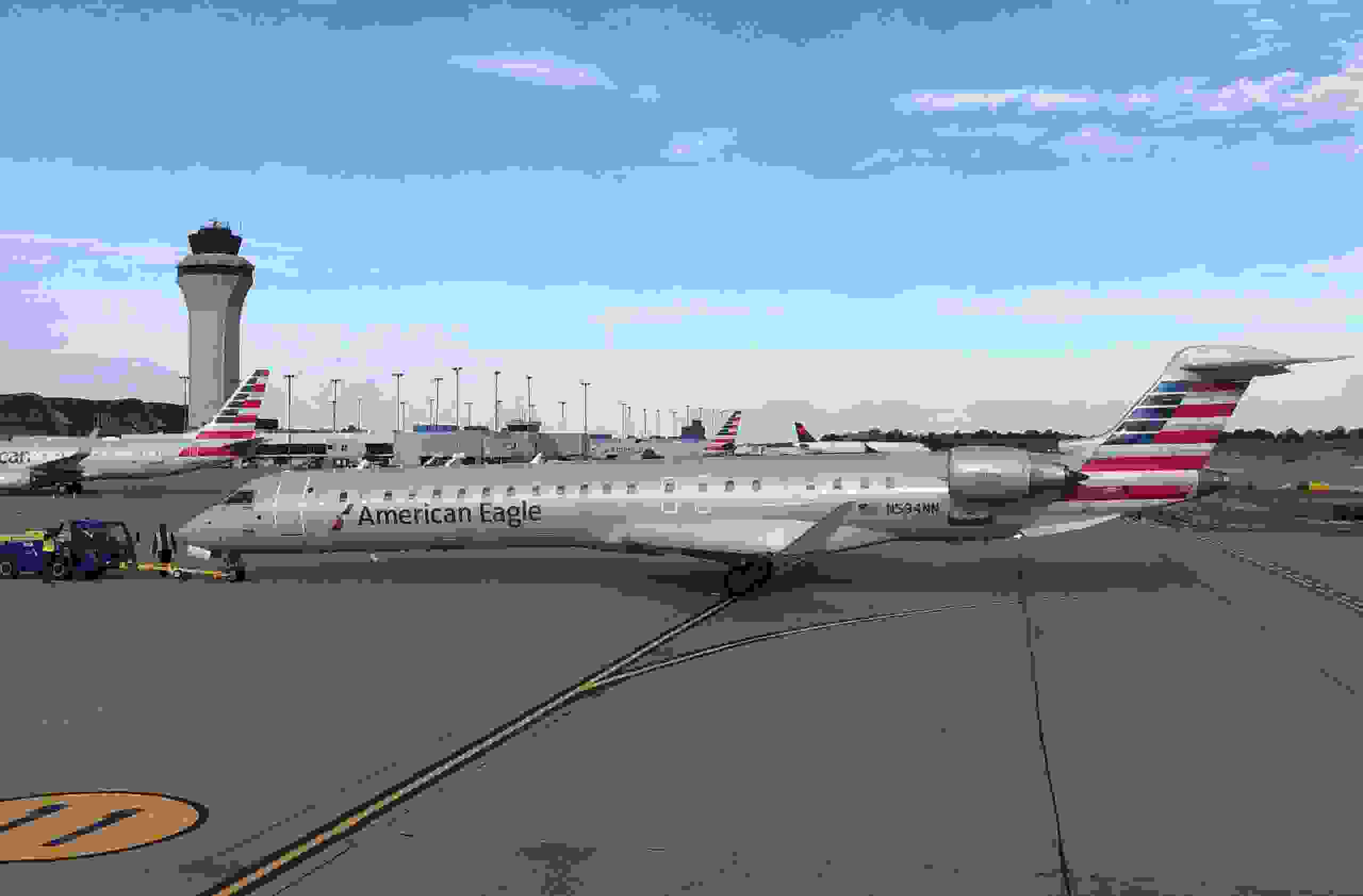 An American Eagle plane is seen on the tarmac at St Louis Lambert International Airport in St Louis, Missouri, on October 23, 2019. (Photo by Daniel SLIM / AFP) (Photo by DANIEL SLIM/AFP via Getty Images)