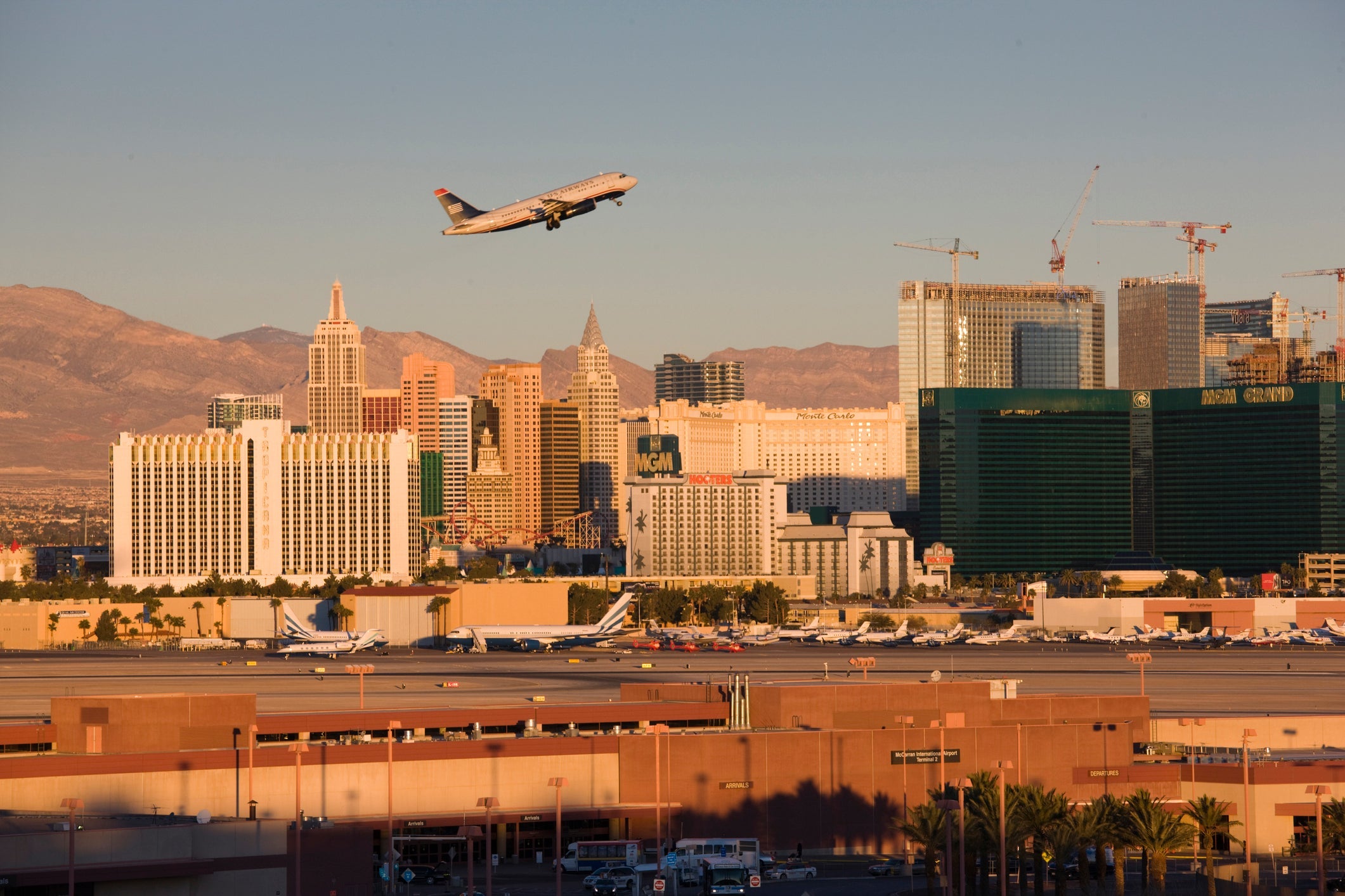 Airplane view taking off from Las Vegas McCarran International Airport (Photo by Walter Bibikow/Getty Images).
