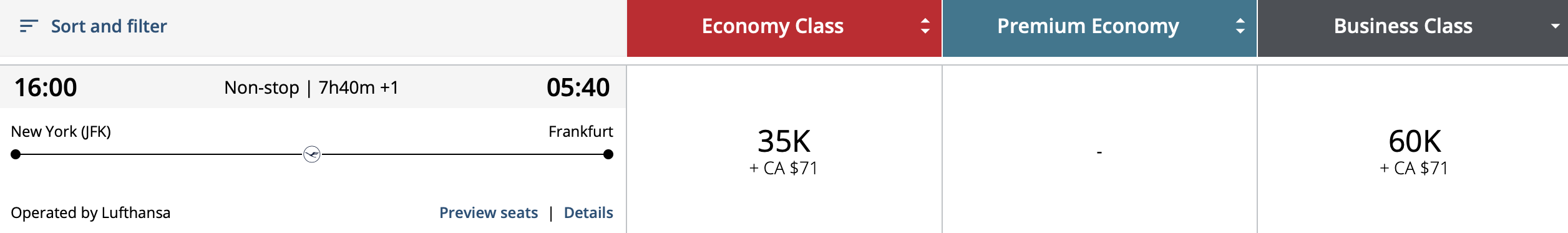 JFK to FRA Aeroplan Award