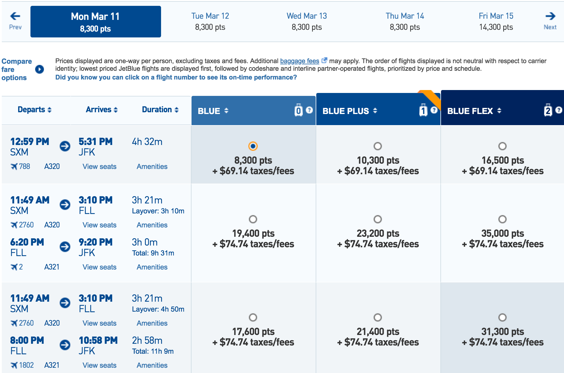 JetBlue TrueBlue award availability to SXM