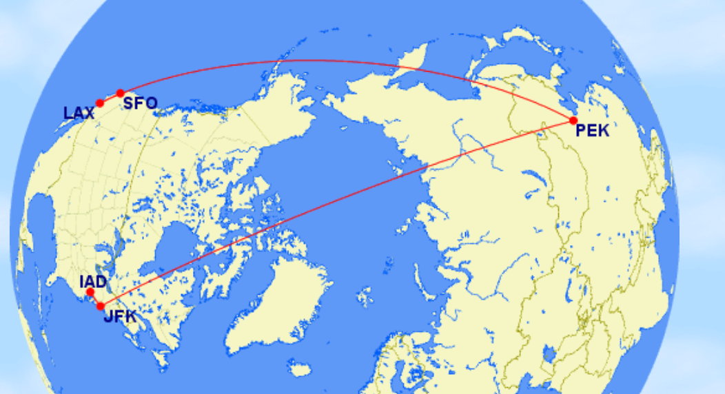 Air China will operate just two routes to four cities in the U.S. (Image by Great Circle Mapper)