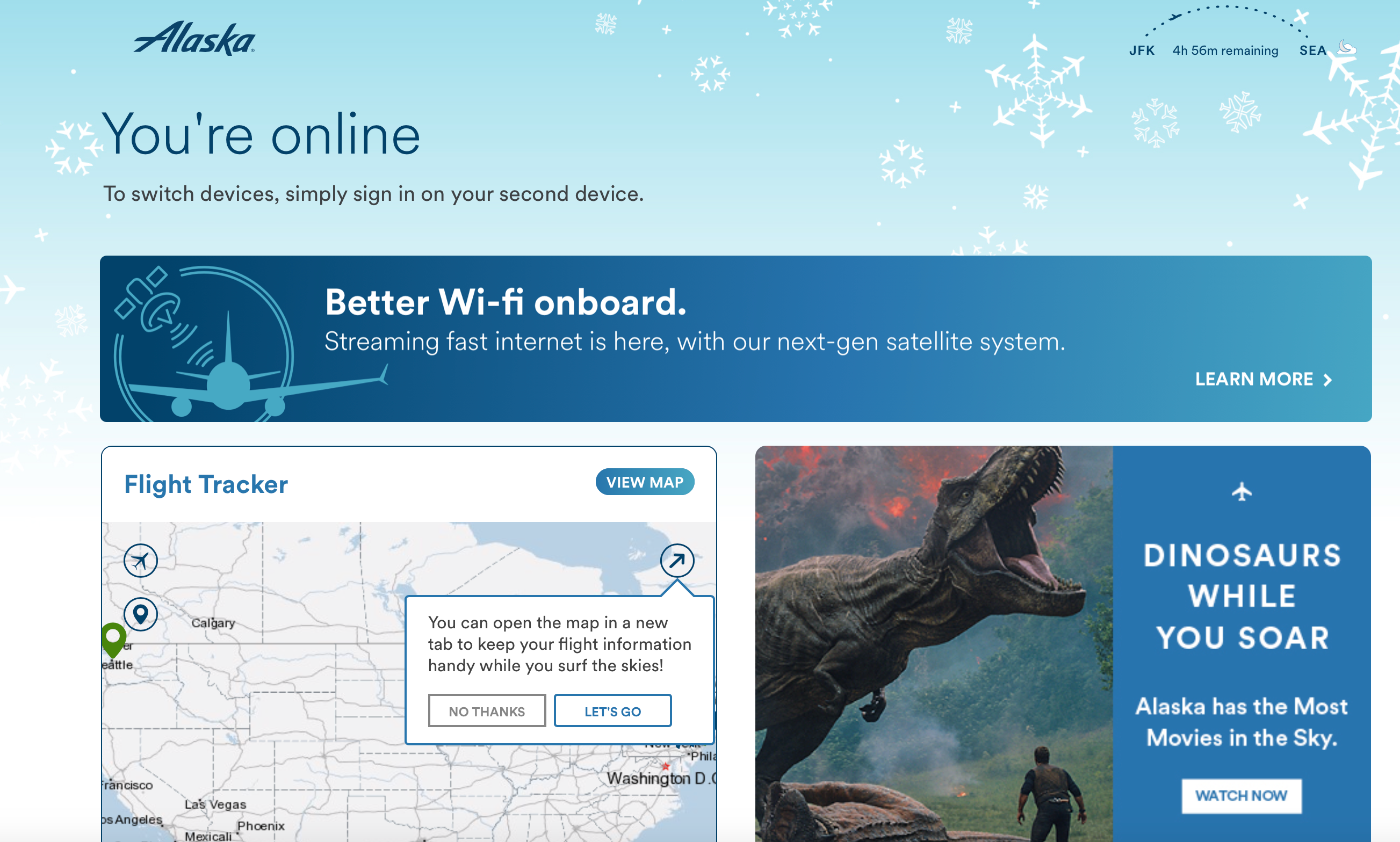 Alaska Airlines WiFi welcome screen