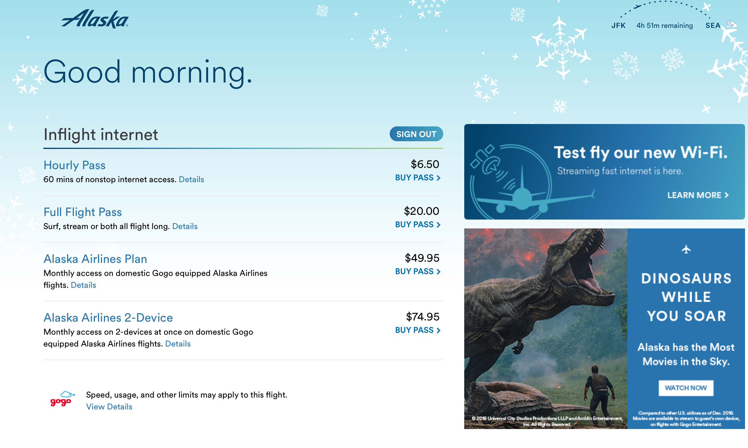 Alaska Airlines in-flight WiFi offerings