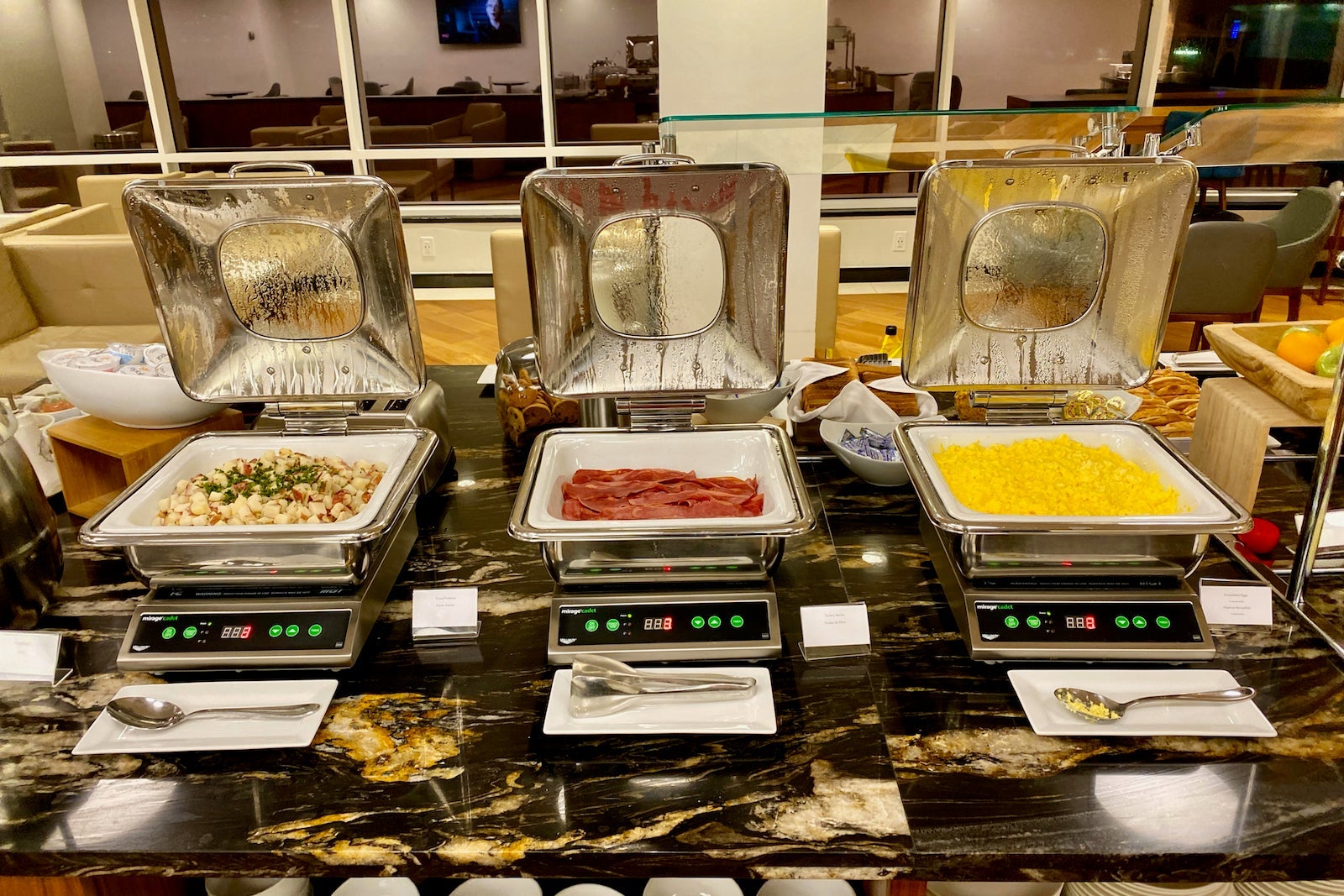 Breakfast buffet in airport lounge