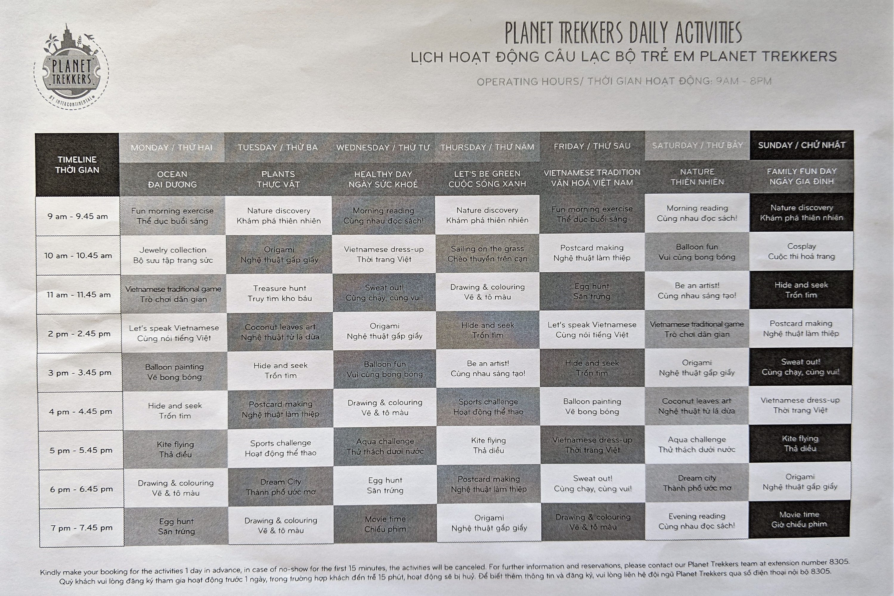 Activities offered for children during our stay.
