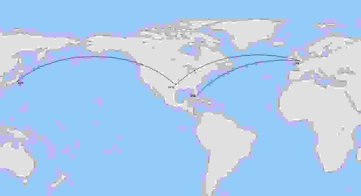American Airlines long-haul international routes in April 2020. (Image by Cirium)