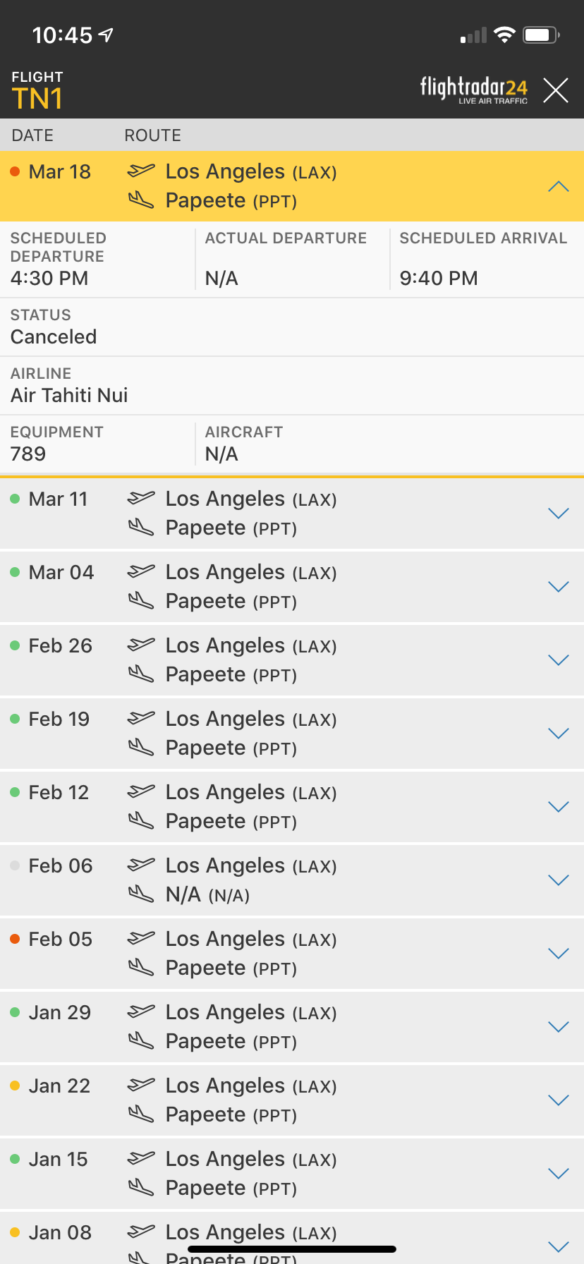 Air Tahiti TN1 flight LAX to PPT