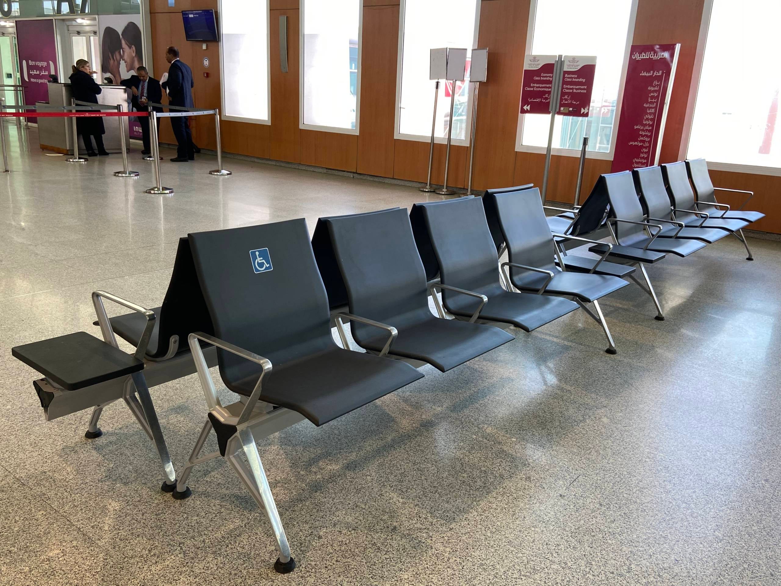 Seats near Gate A1 at Casablanca Airport.
