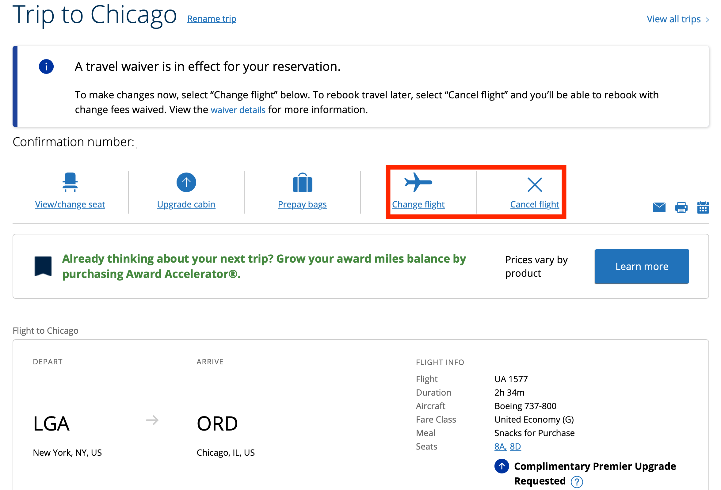 Screenshot showing how to cancel ticket on United.com